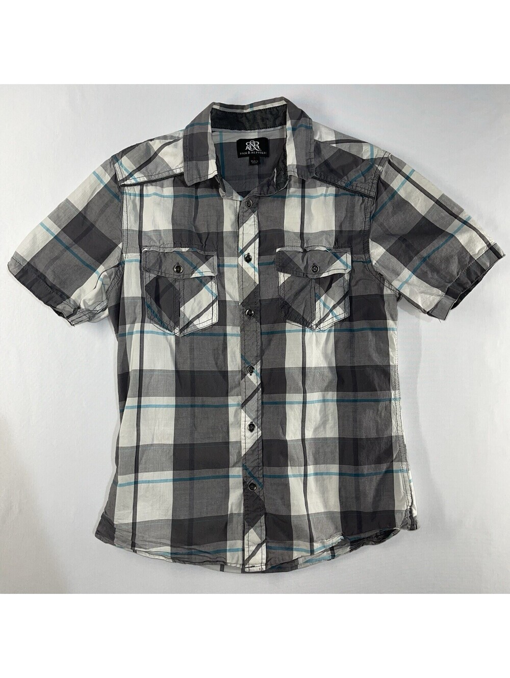 Rock & Republic Shirt Men's Small (Boys 18/20) Gray Plaid Stretch Short Sleeve